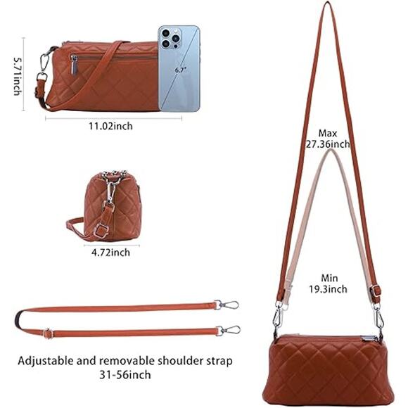 NEW Rust Quilted Crossbody Bag Triple Zipper Vegan Leather Shoulder Purse - Picture 2 of 6